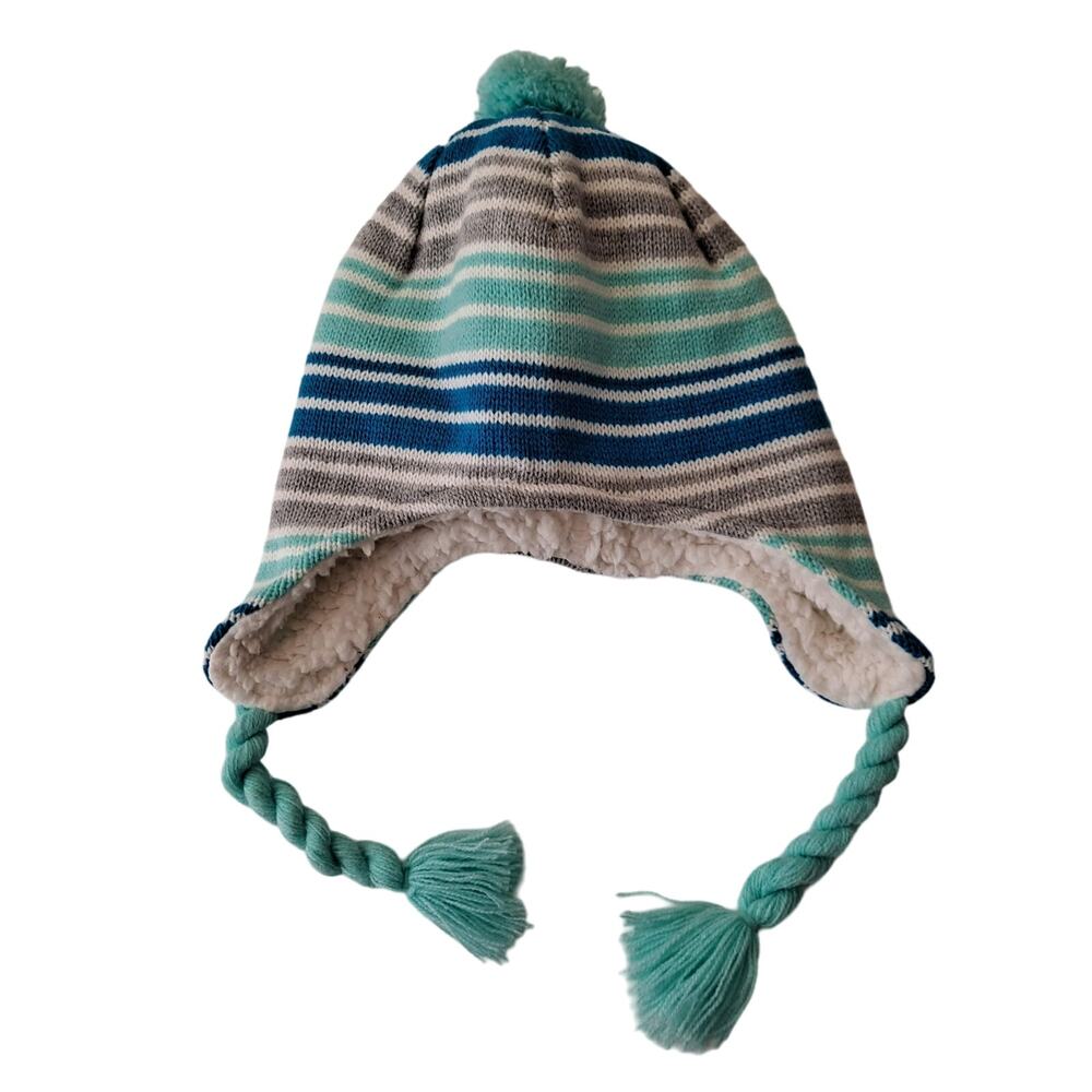 Lands' End Peruvian Trapper Hat Sherpa Fleece Lined Blue Gray Striped Girls M-L